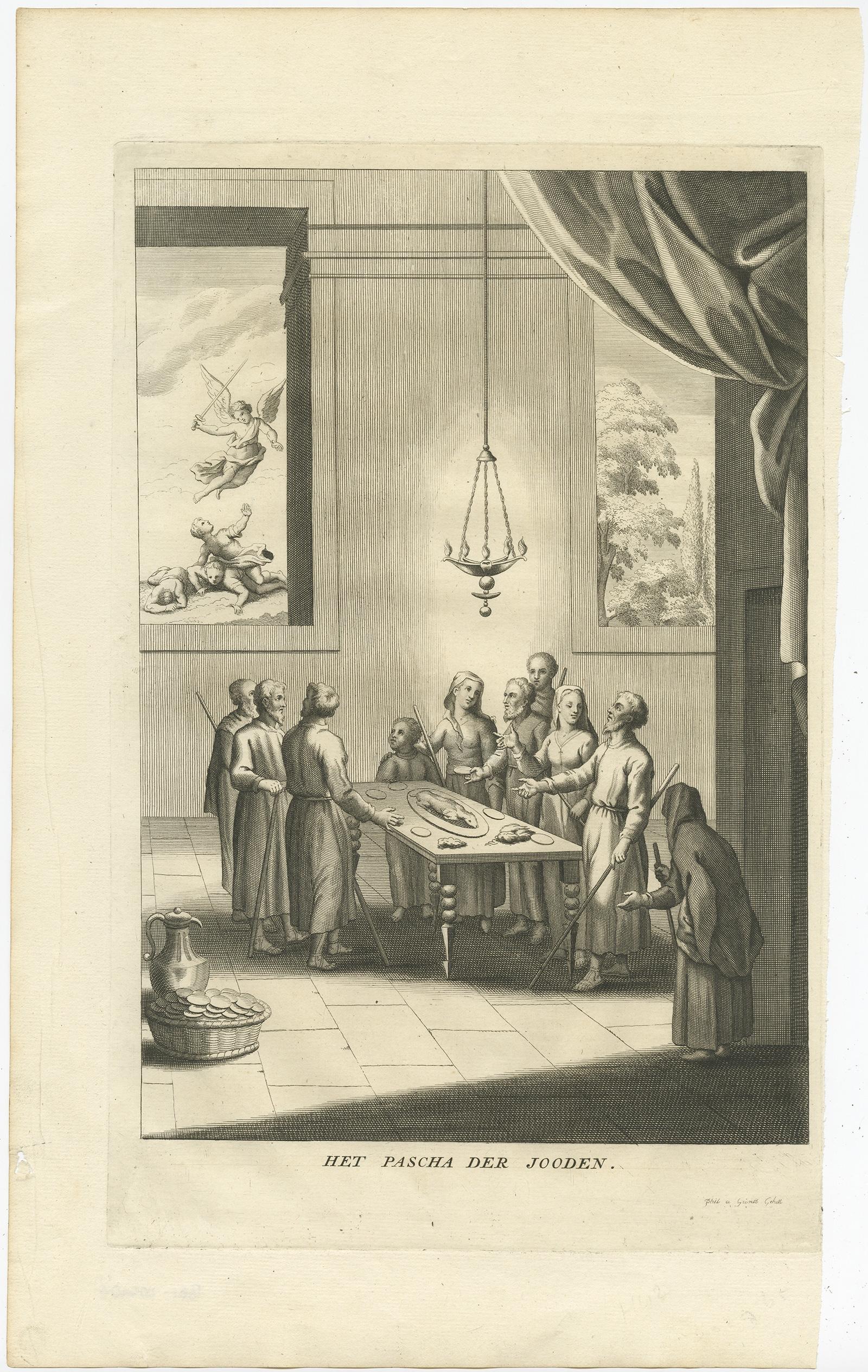 Description: Antique print titled 'Het Pascha der Jooden'. Print of the Jewish Pesach / Passover. 

Pascha, Passover, Hebrew Pesa? or Pesach, in Judaism, holiday commemorating the Hebrews' liberation from slavery in Egypt and the “passing over” of