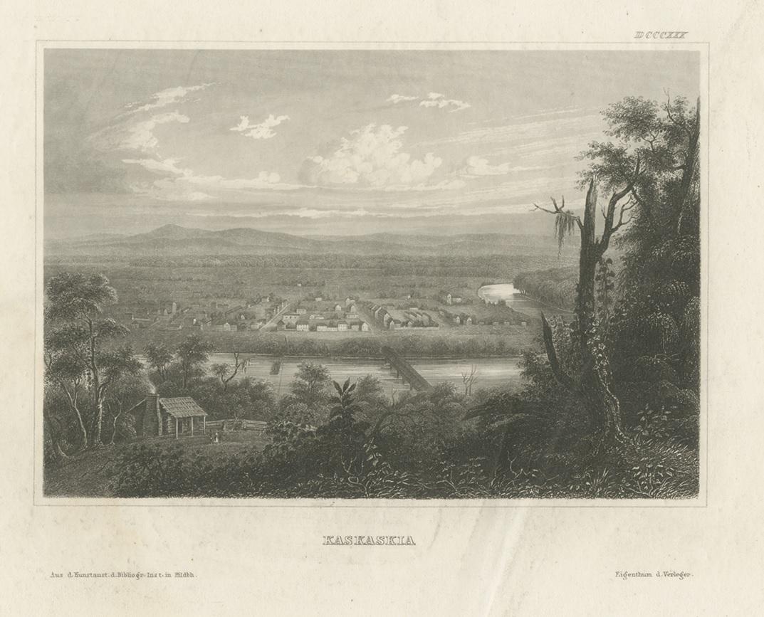 Antique print titled 'Kaskaskia'. View of the Kaskaskia River, a tributary of the Mississippi River, approximately 325 miles (523 km) long, in central and southern Illinois in the United States. This print originates from 'Meyer's Universum',