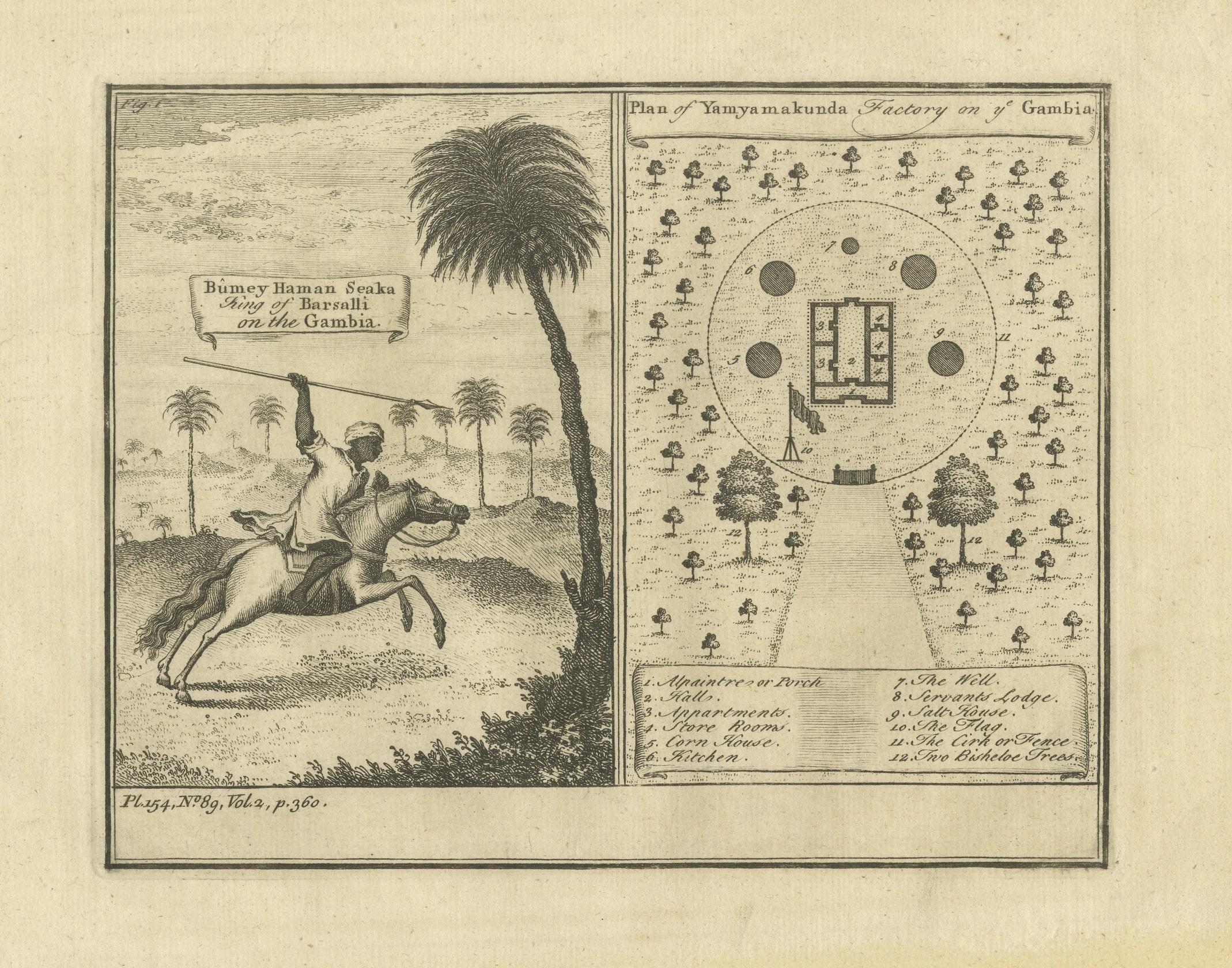 Old Engraving with Title: Bumey Haman Seaka, King of Barsalli on the Gambia // plan of Yamyamakunda Factory on ye Gambia. 

Artist/engraver/cartographer: Unsigned. 

Provenance: 