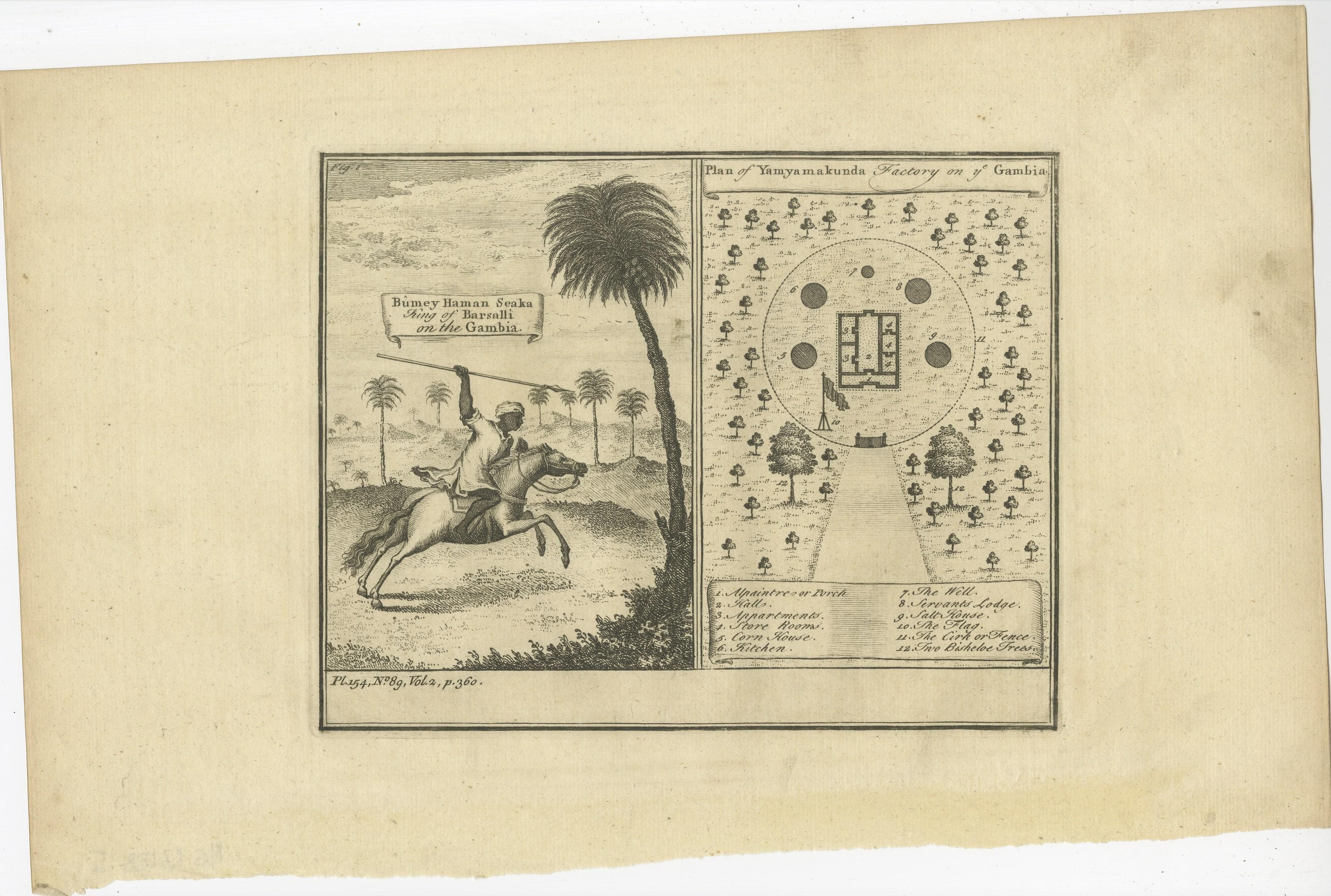Antique Print of the King of Barsalli & the Yamyamakunda Factory, Gambia, C1730 In Good Condition For Sale In Langweer, NL