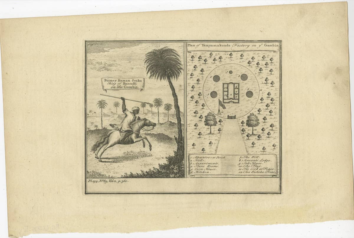Antique Print of the King of Barsalli & the Yamyamakunda Factory, Gambia, C1730
