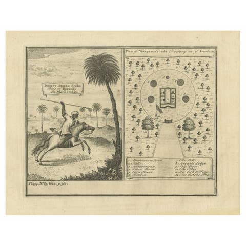 Antique Print of the King of Barsalli & the Yamyamakunda Factory, Gambia, C1730