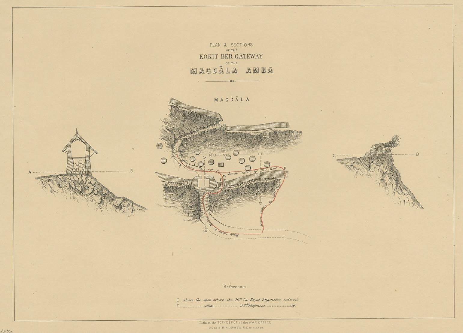 Antique print titled 'Plan & Sections of the Kokit Ber Gateway of the Magdala Amba'. Lithograph of the Koket-Bir gateway, which was the main gateway of the Battle of Magdala. The Battle of Magdala was the conclusion of the British Expedition to