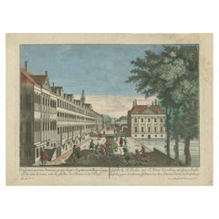 Grabado antiguo del Korte Vijverberg en La Haya, Países Bajos, c.1760
