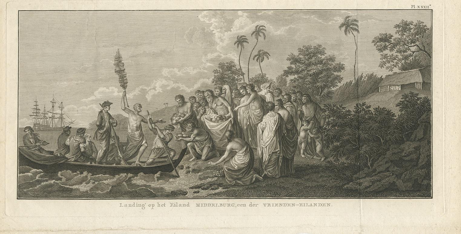 Antique print titled 'Landing op het Eiland Middelburg, een der Vrienden-Eilanden'. Print depicting the landing at Middelburg Island, one of the Friendly Islands. Originates from 'Reizen rondom de Waereld' by J. Cook.