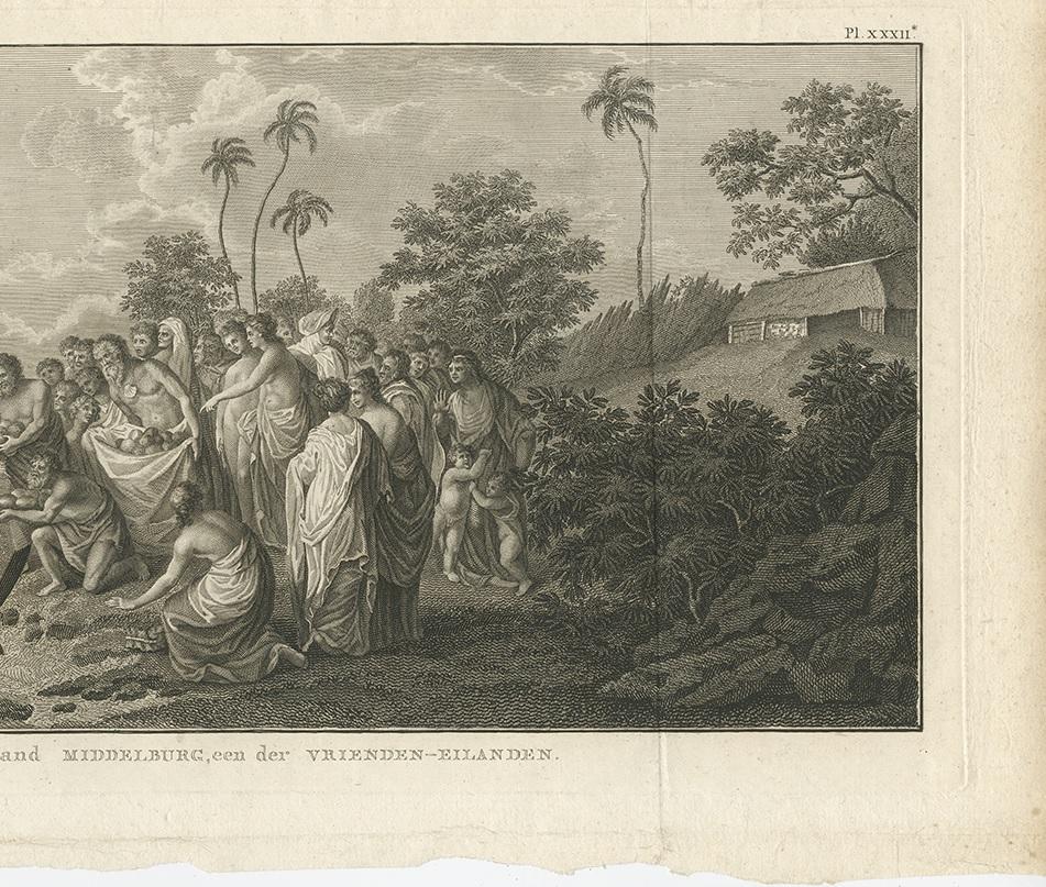 Dutch Antique Print of the Landing at Middelburg Island by Cook, 1803 For Sale