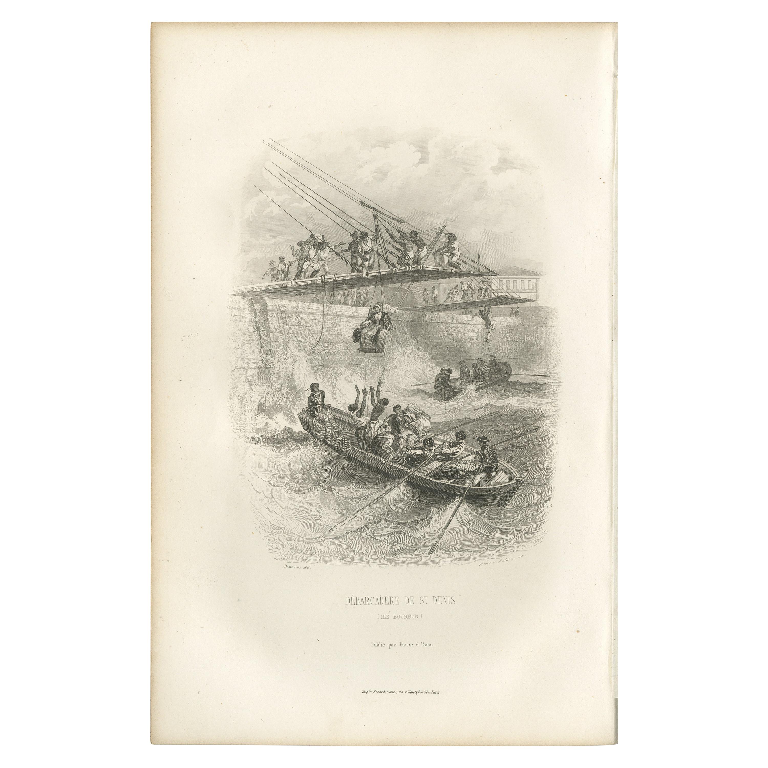 Antique Print of the Landing at Saint-Denis on Réunion by D'Urville, '1853' For Sale