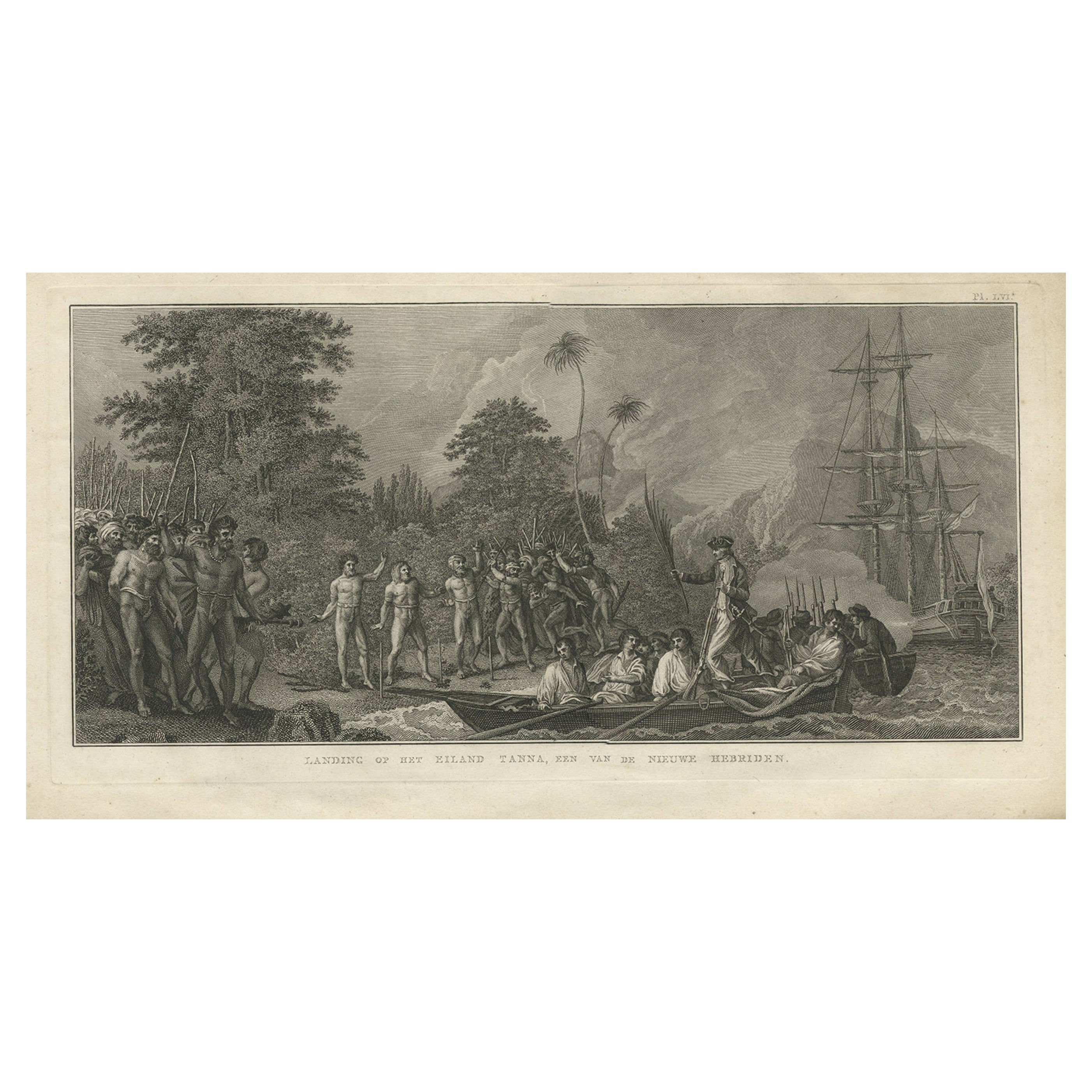 Antiker antiker Druck des Ausblicks auf Tanna Island von Cook, 1803