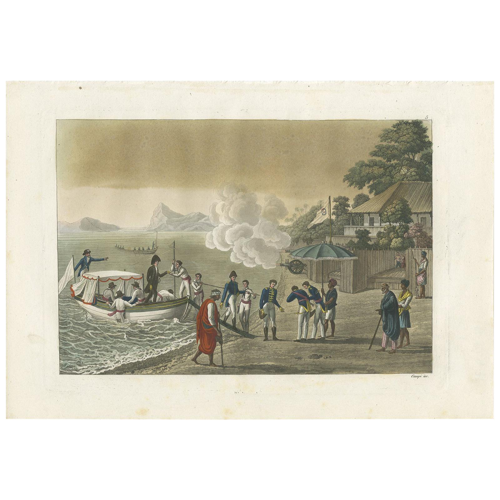 Antique Print of the Landing of French Troops on Timor by Ferrario, '1831' For Sale