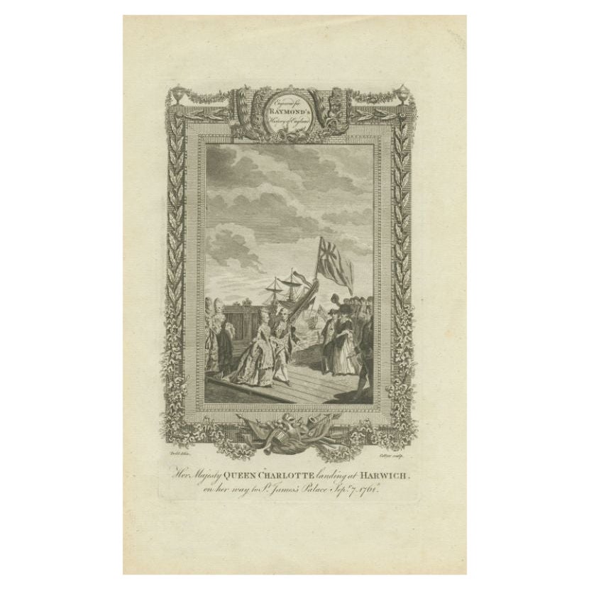 Antiker antiker Druck des Ausbruchs von Königin Charlotte in Harwich von Raymond, um 1787