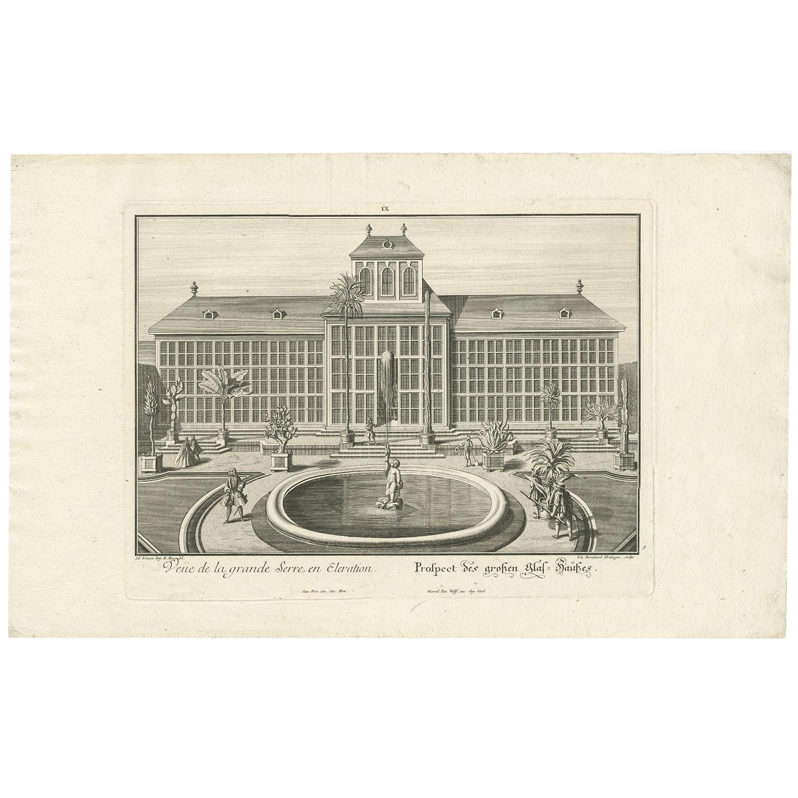 Antique Print of the Large Glass House by Wolff '1738' For Sale