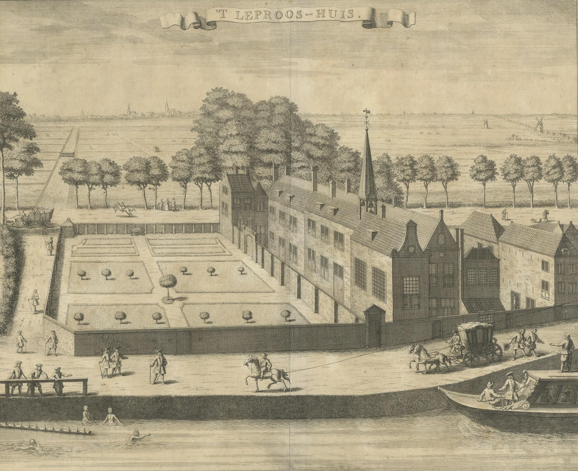 Antique print titled 'T Leproos-Huis'. View of the leper's house in The Hague. In the water, a barge, and a number of swimmers. On the roads various figures and carriages. Published by R. Boitet, circa 1735.