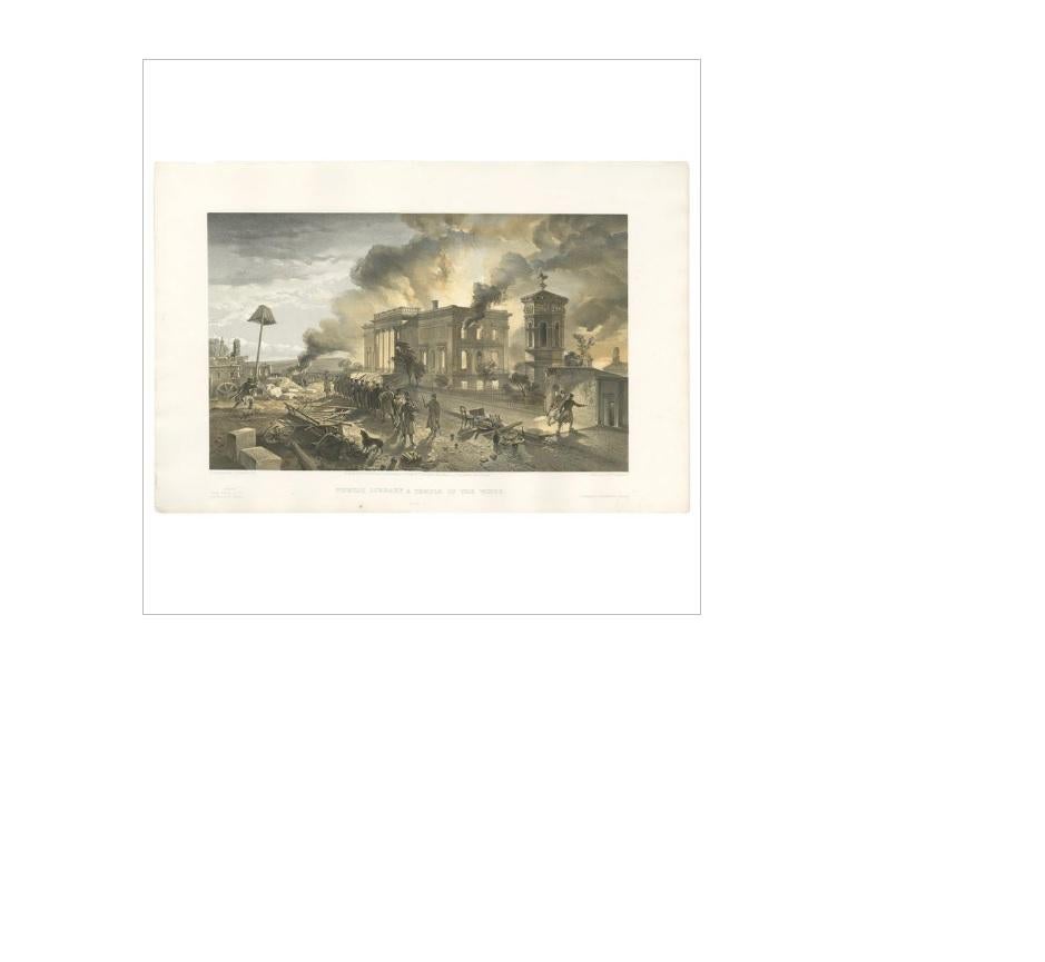 Antique print titled 'Public Library & Temple of the winds'. Destruction of the public library and the Temple of the Winds following the Russian evacuation of Sevastopol' on September 8th 1855. This print originates from 'The Seat of the War in the