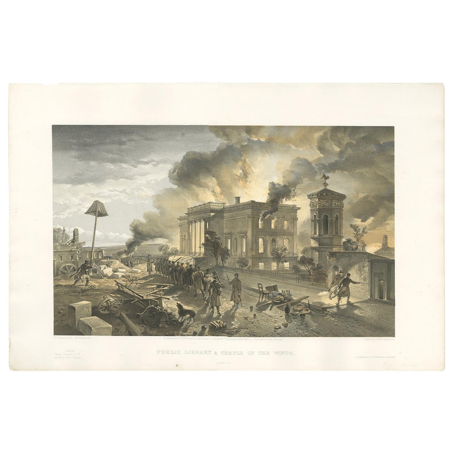 Antiker Druck der Bibliothek in Sebastopol im „ Krimkrieg“ von W. Simpson, 1855