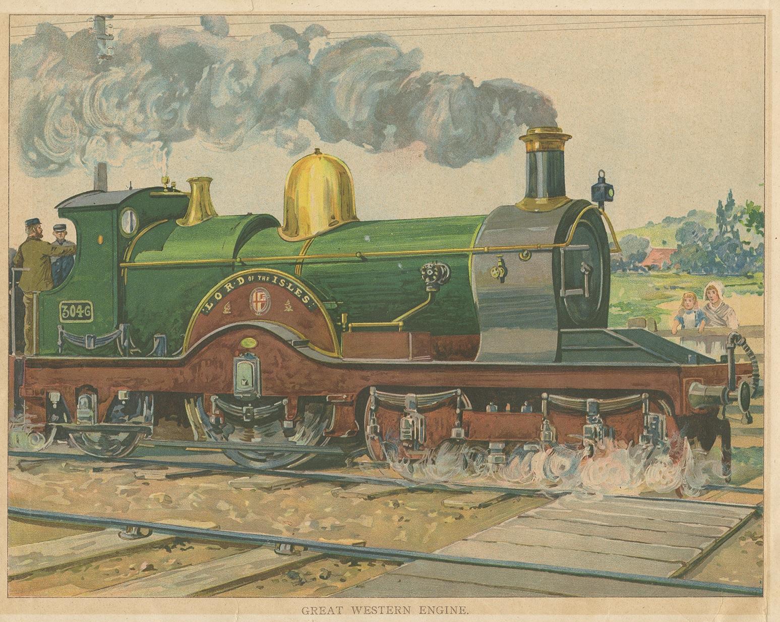 Antique print titled 'Great Western Engine'. It shows the 'Lord of the Isles' train. On the verso, an image of the New York central railway can be found. Source unknown, to be determined.