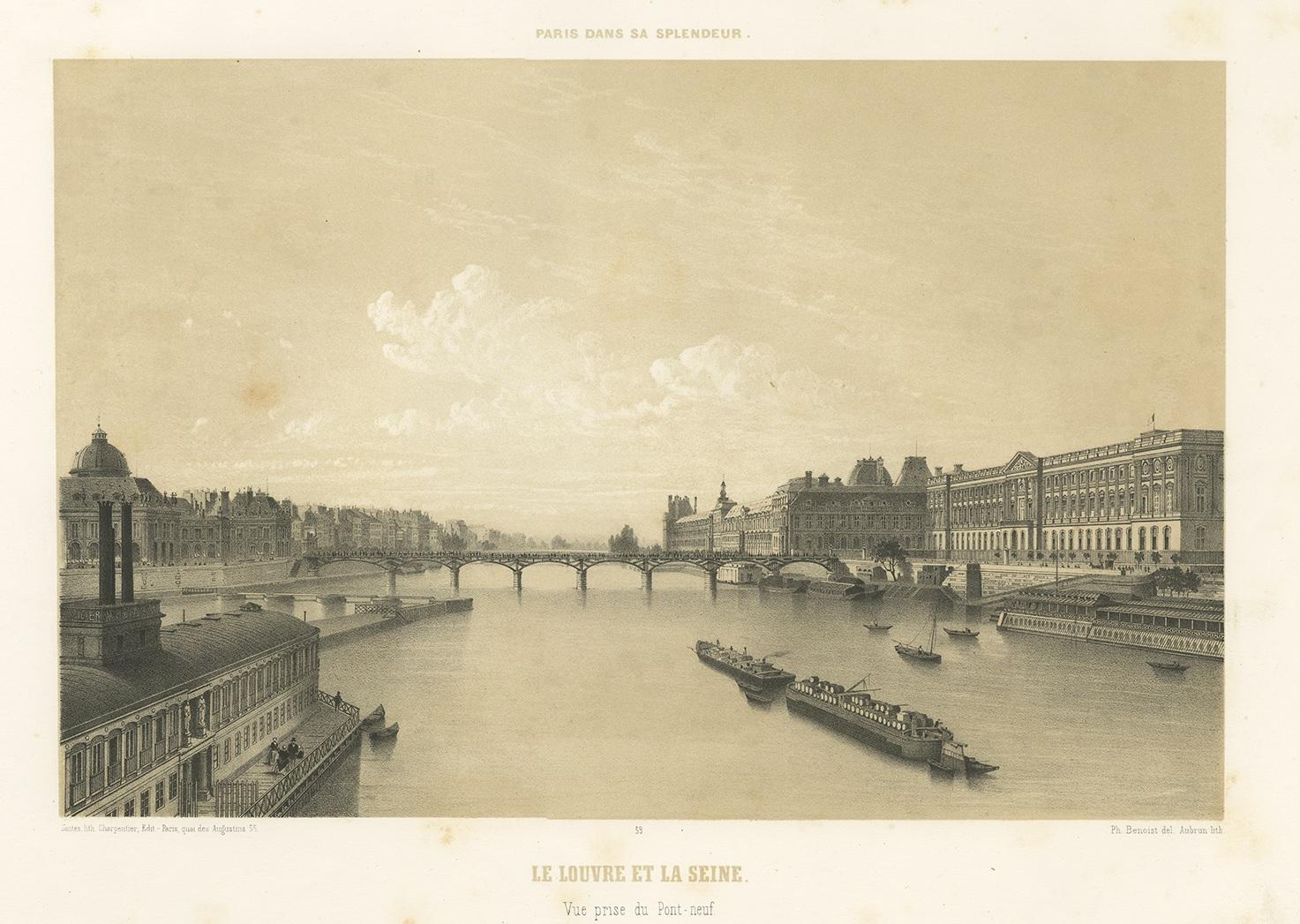 19th Century Antique Print of the Louvre and Seine River by Benoist '1861'