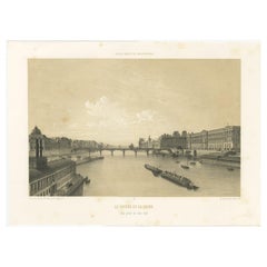 Antiker Druck des Louvre und des Seine-Fluss von Benoist aus dem Jahr 1861