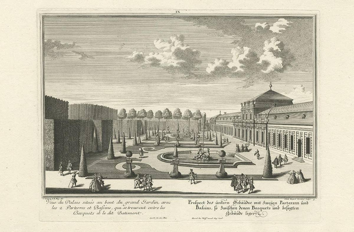 Antique Print of the Lower Building with Ground Floors by Wolff '1738'