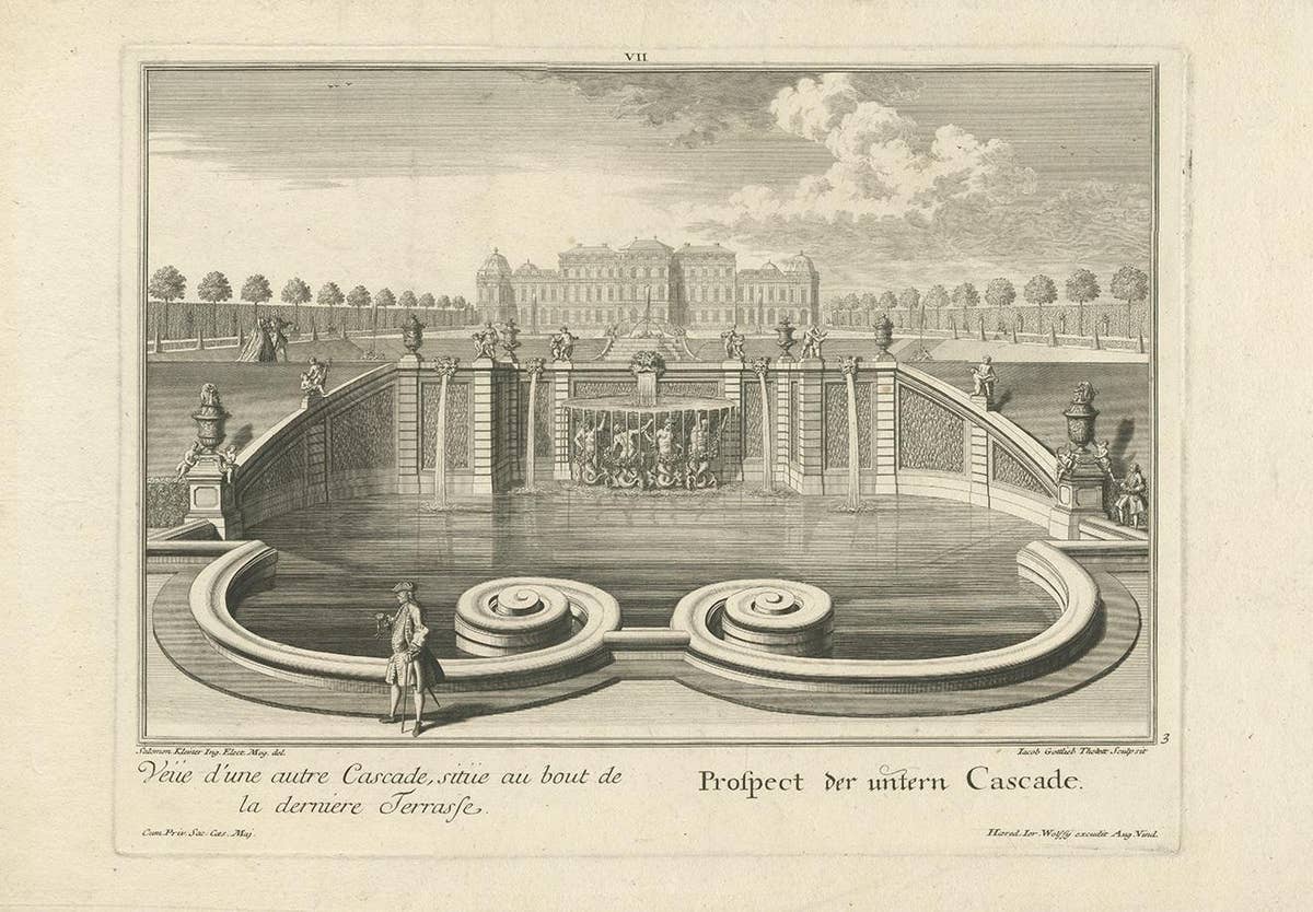 Antique Print of the Lower Cascade by Wolff '1737'
