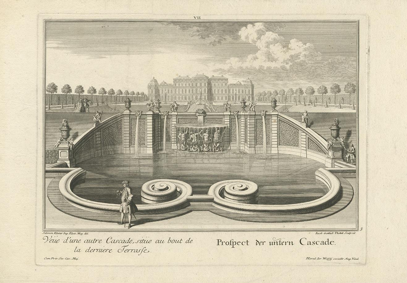 Antique Print of the Lower Cascade by Wolff '1737' In Good Condition For Sale In Langweer, NL