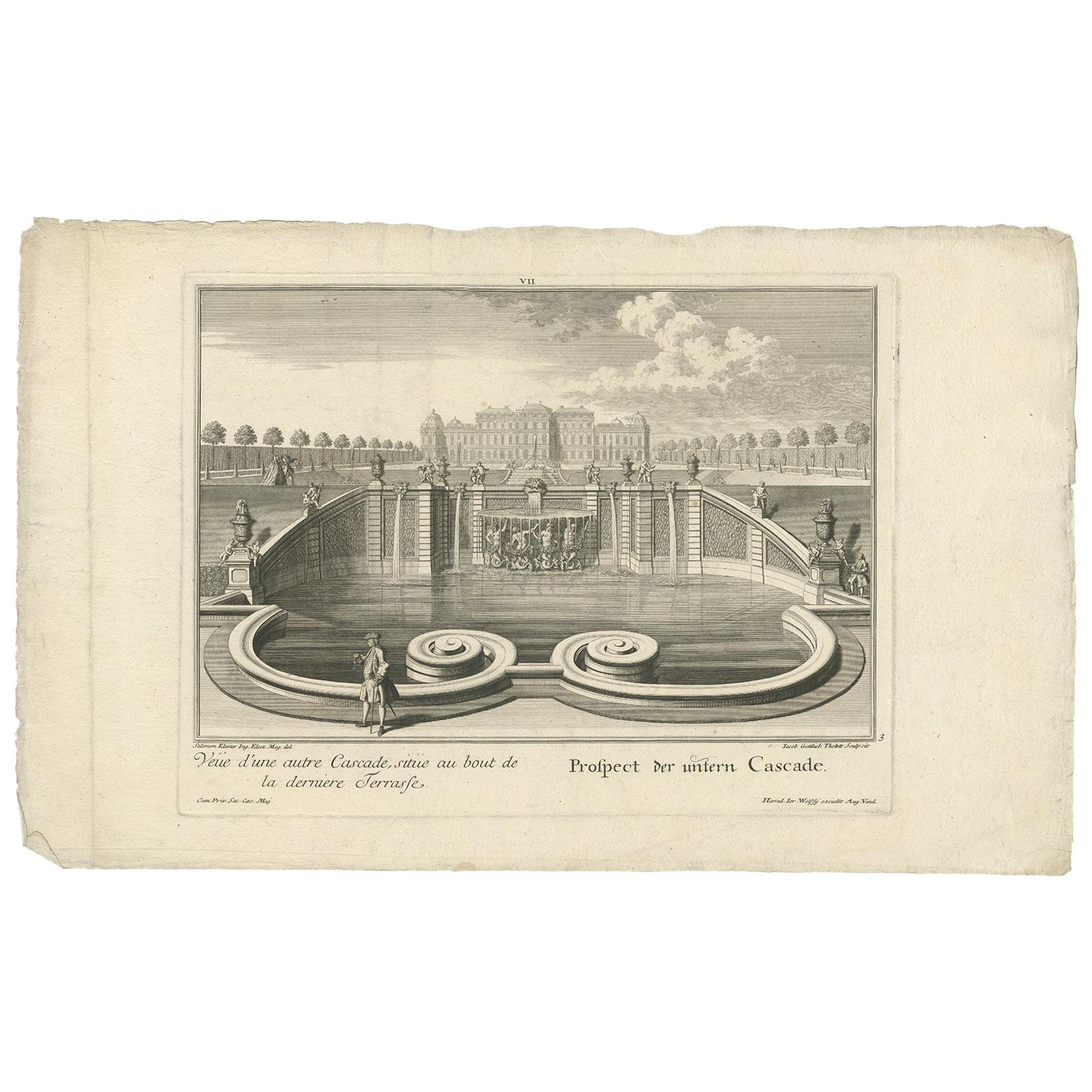 Antique Print of the Lower Cascade by Wolff '1737' For Sale
