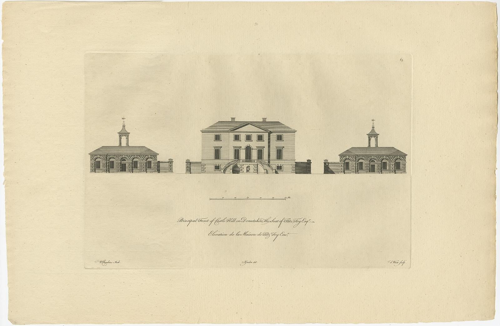 Antique print titled 'Principal Front of Castle Hill in Dorsetshire (..)'. 

Lambert's Castle Hill (258 metres, 846 feet high) rises between the villages of Marshwood and Fishpond Bottom in the county of Dorset, England. It is part of the South