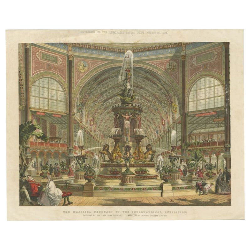 Antiker Druck des Majolika-Brunnens in der Internationalen Ausstellung von 1862