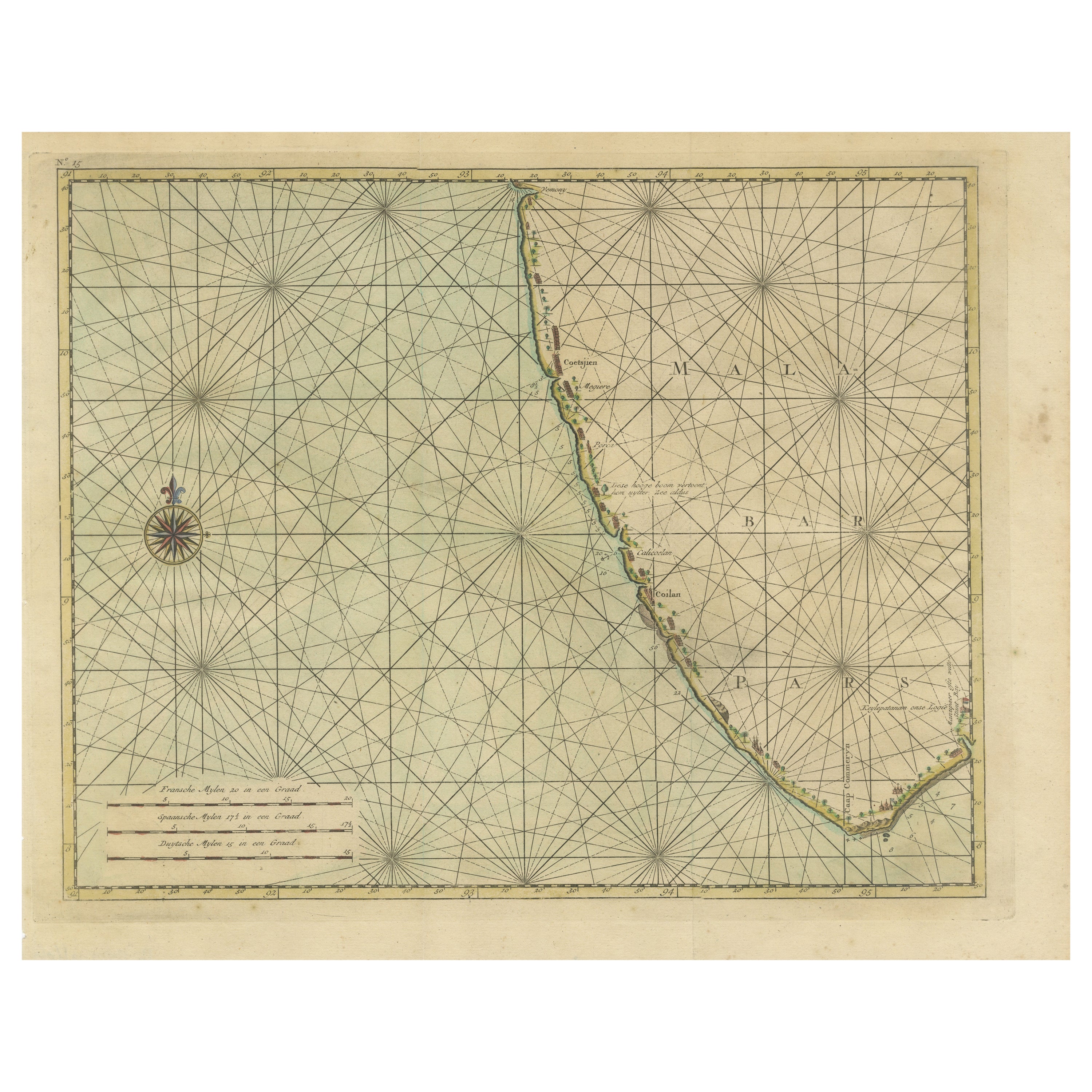 Stampa antica della costa indiana di Malabar che mostra gli stabilimenti della VOC, 1726