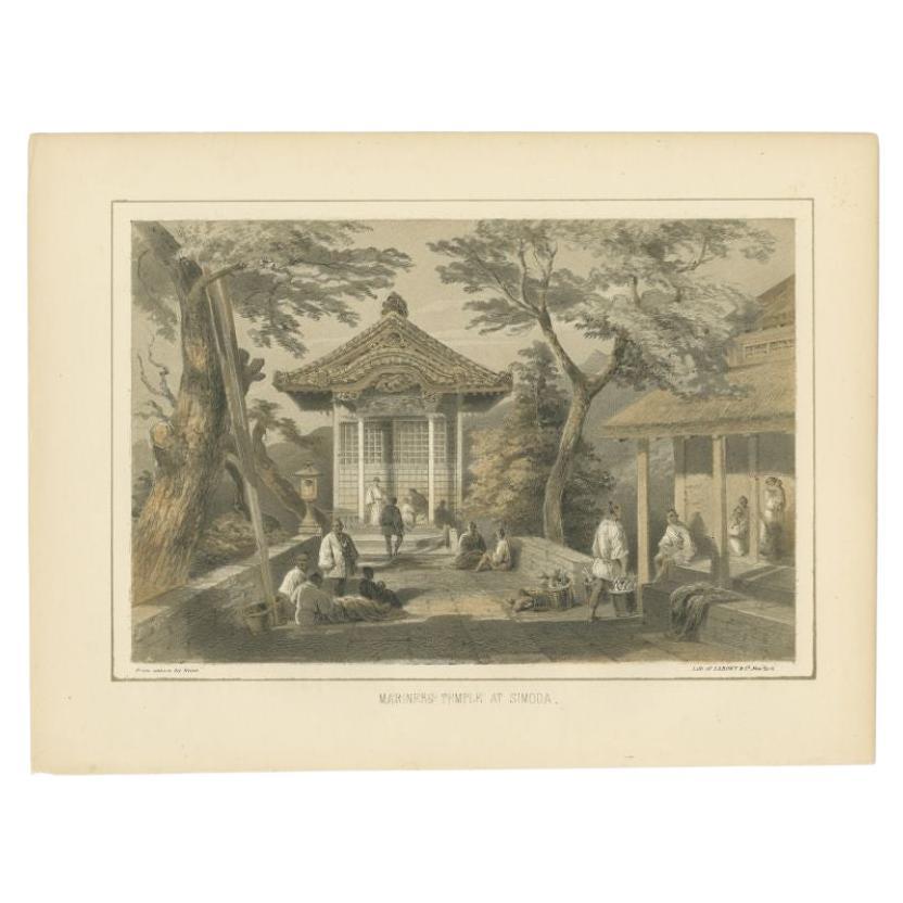 Impression ancienne du temple des Mariners à Shimoda par Hawks, 1856 en vente