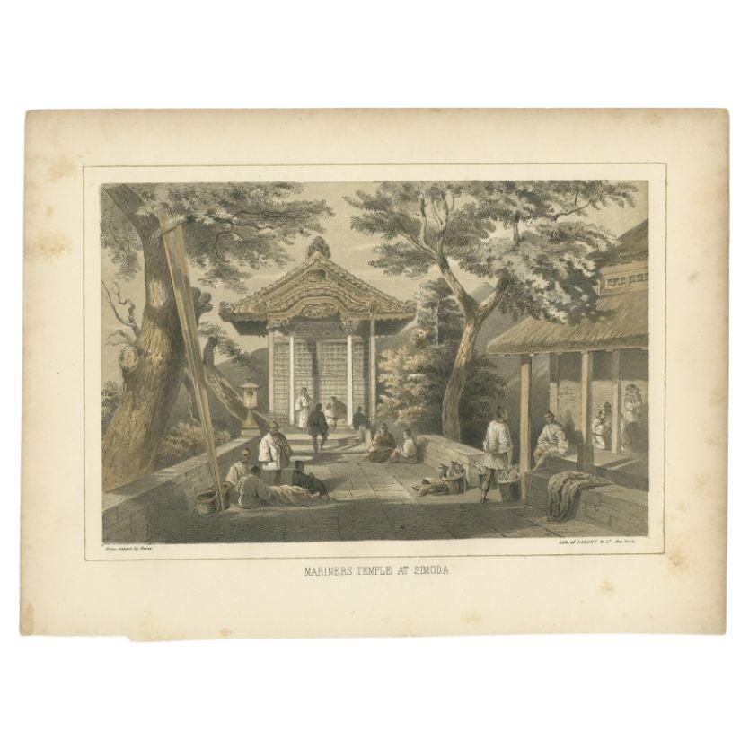 Impression ancienne du temple des Mariners à Shimoda par Hawks, 1856