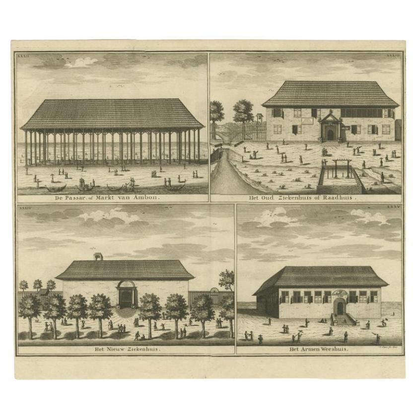 Antique Print of the Market, Hospital and Orphanage of Ambon by Valentijn, 1726 For Sale