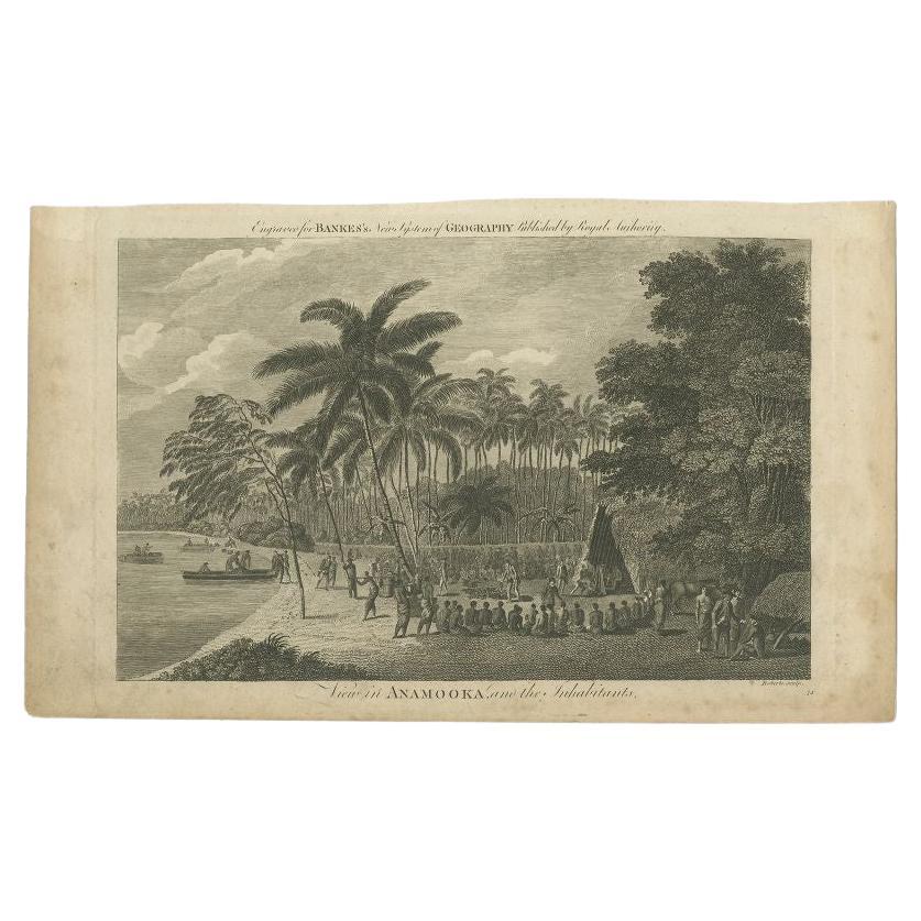 Antique print titled 'View in Anamooka and the Inhabitants'. Depicts the marketplace that was established in a ring in front of the main house in Anamooka, Tonga - named the Friendly Islands because of his reception when James Cook's third Pacific