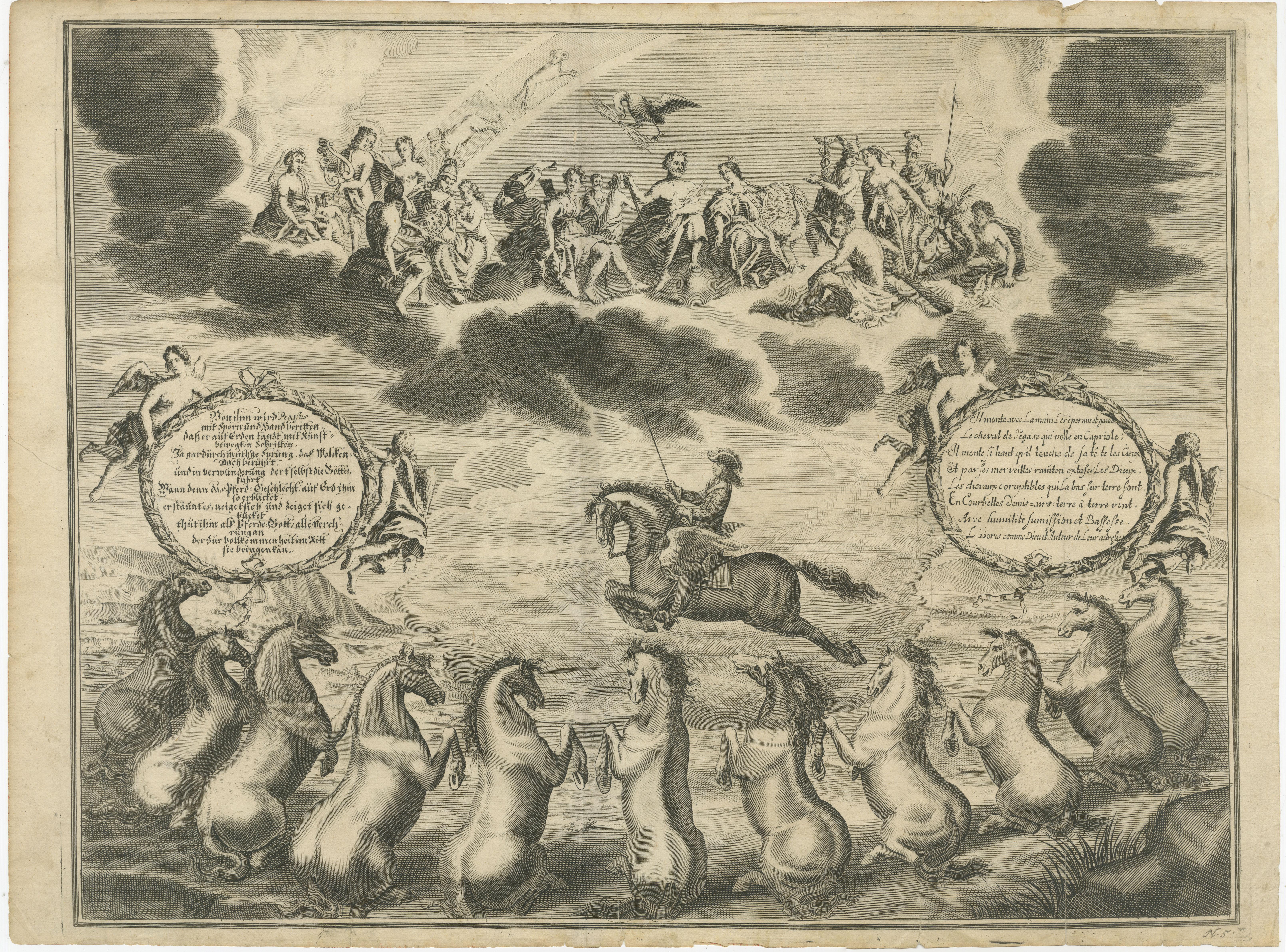 Antique print titled 'Von ihm wird Pegasus mit Sporn und Hand geritten (..)'. Original old print of the Marquess of Newcastle riding on Pegasus before an assembly of the Greek Gods and receiving the salutes of earthly horses. Published circa 1750.