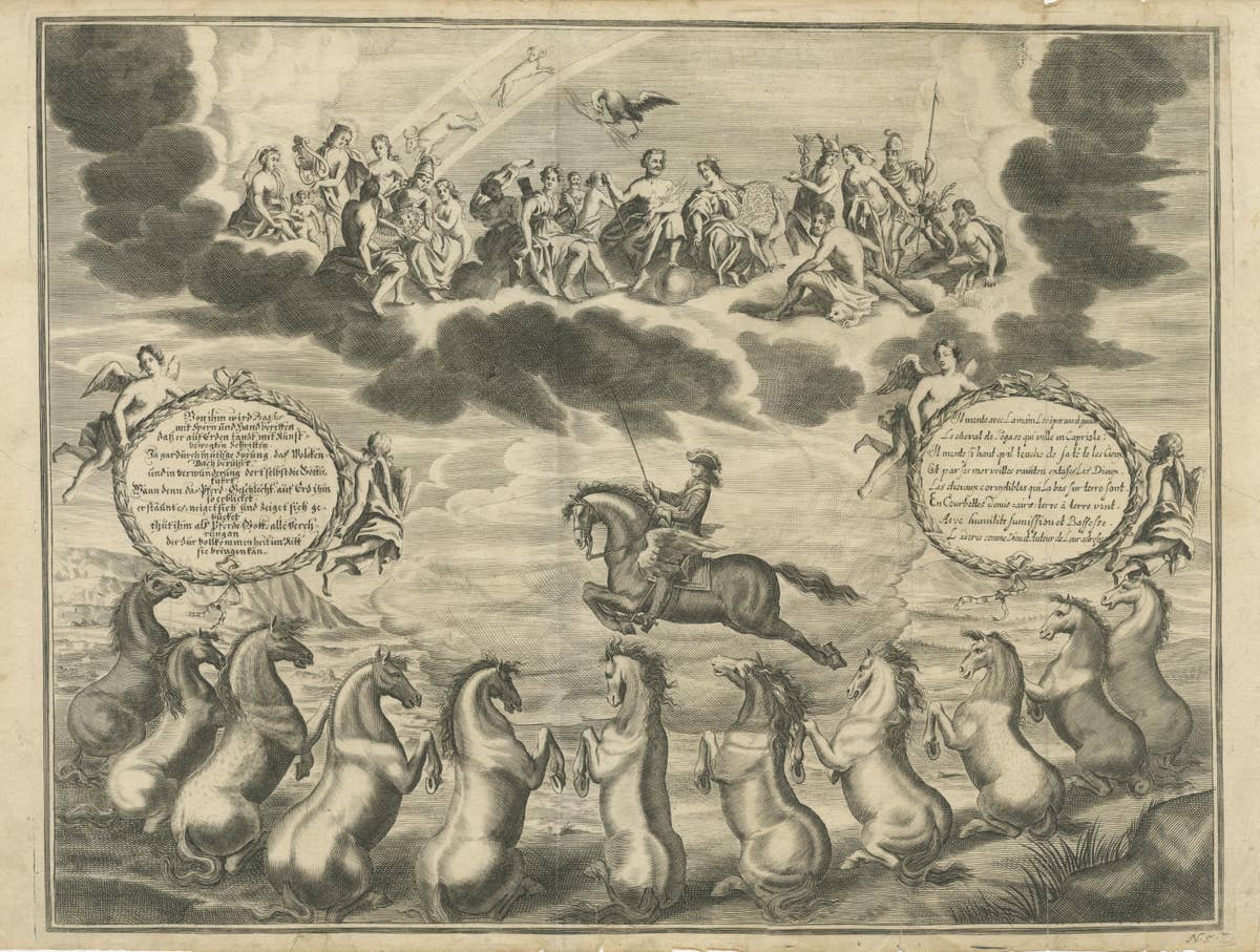 Antique Print of the Marquess of Newcastle Riding on Pegasus