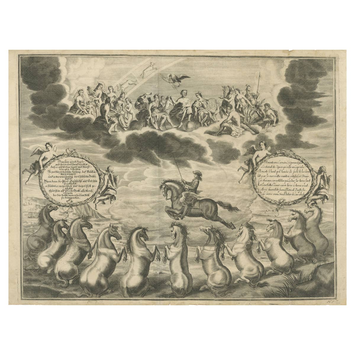 Antique Print of the Marquess of Newcastle Riding on Pegasus