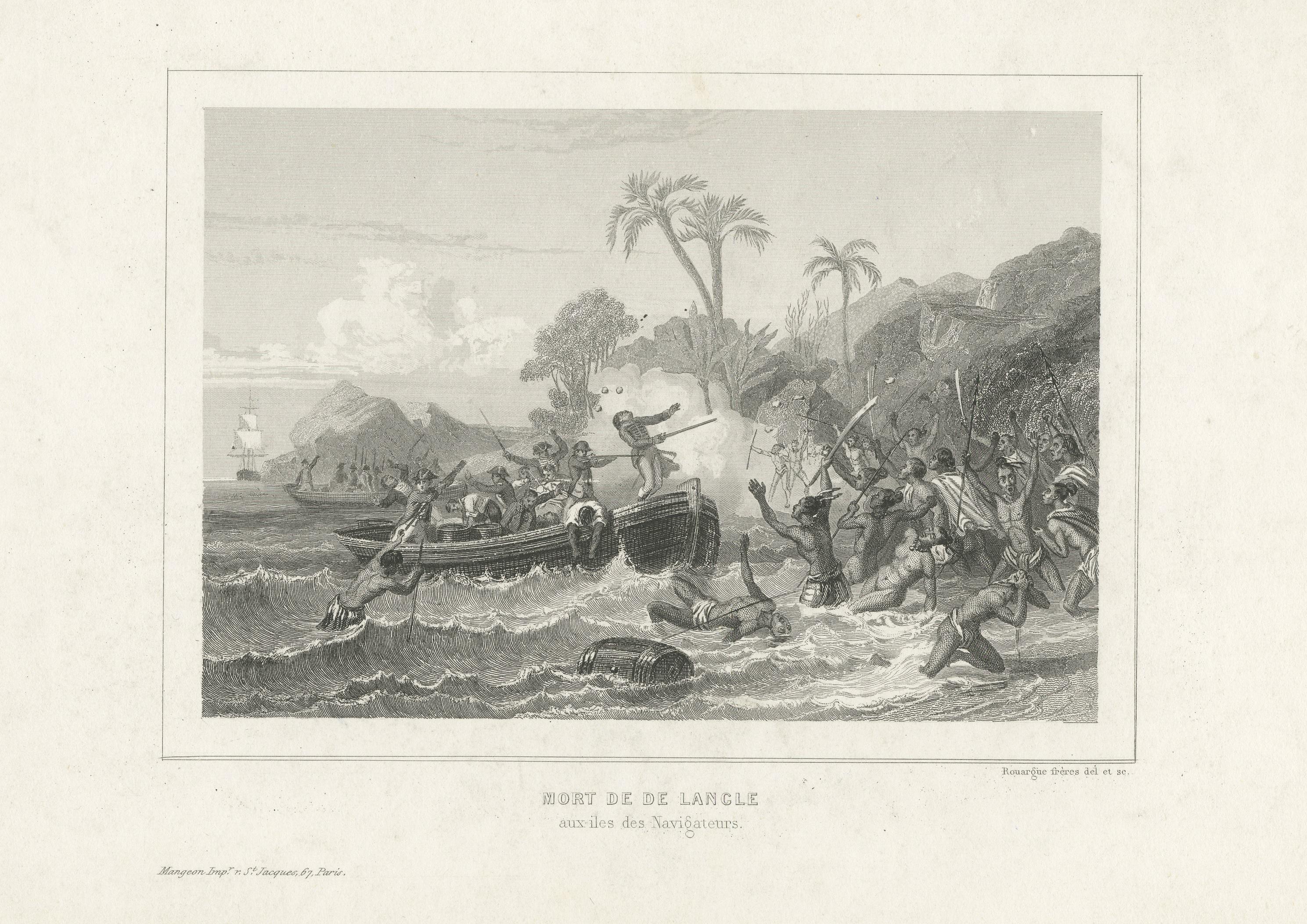 Antique Print of the Massacre of Paul Fleuriot de Langle, Samoa In Fair Condition For Sale In Langweer, NL