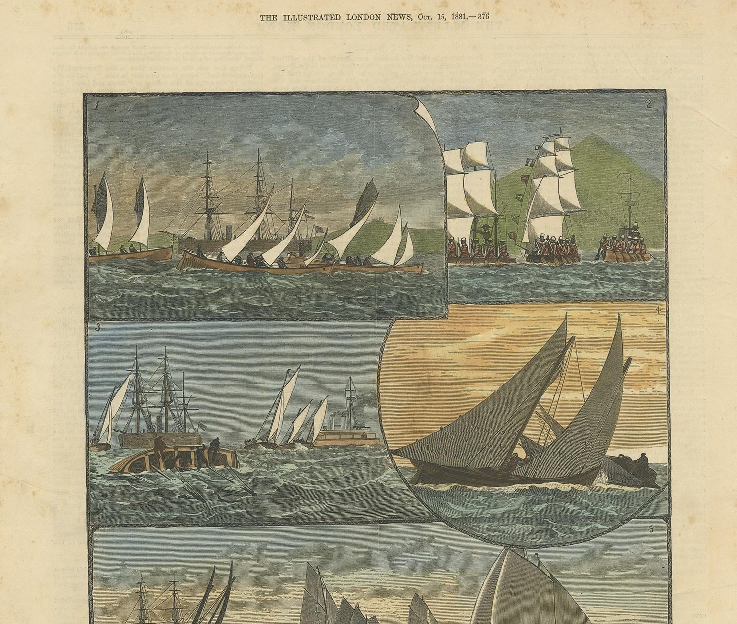Antique print titled 'The Mediterranean Fleet Regatta at Palma: Race for the Admiral's Cup'. This print originates from The Illustrated London News October 15, 1881.