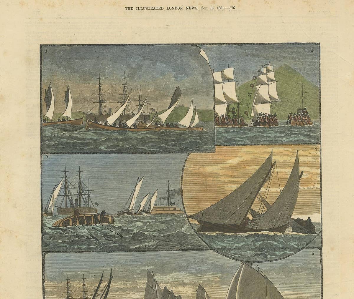Antique Print of the Mediterranean Fleet Regatta at Palma, 1881, Colored