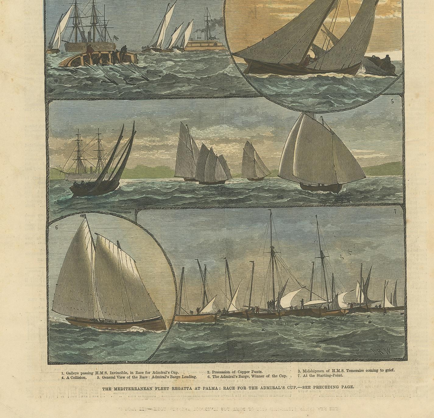 Antique Print of the Mediterranean Fleet Regatta at Palma, 1881, Colored In Good Condition For Sale In Langweer, NL