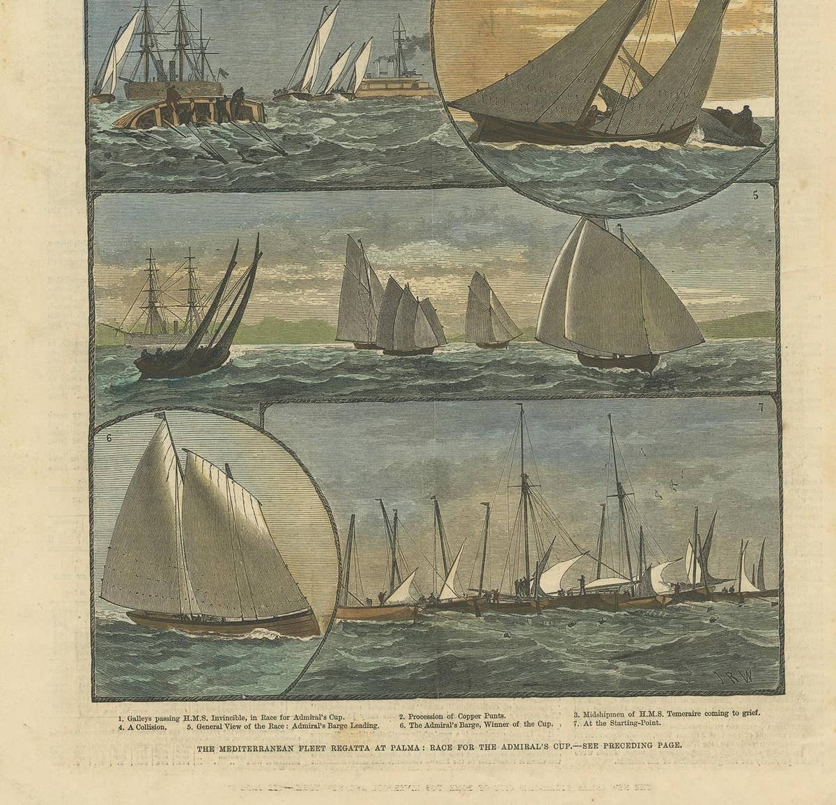 Antique Print of the Mediterranean Fleet Regatta at Palma, 1881, Colored