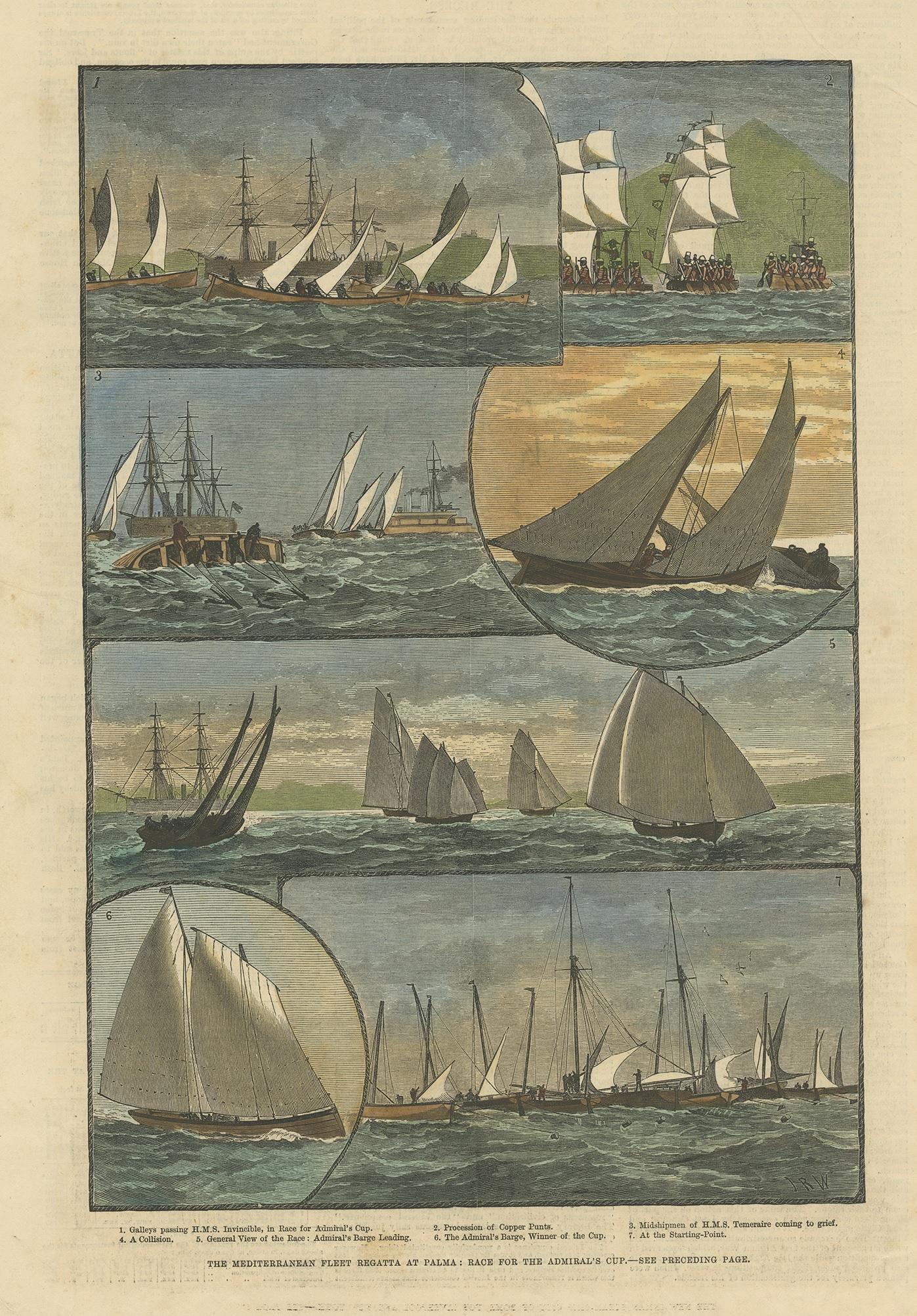 19th Century Antique Print of the Mediterranean Fleet Regatta at Palma, 1881, Colored For Sale