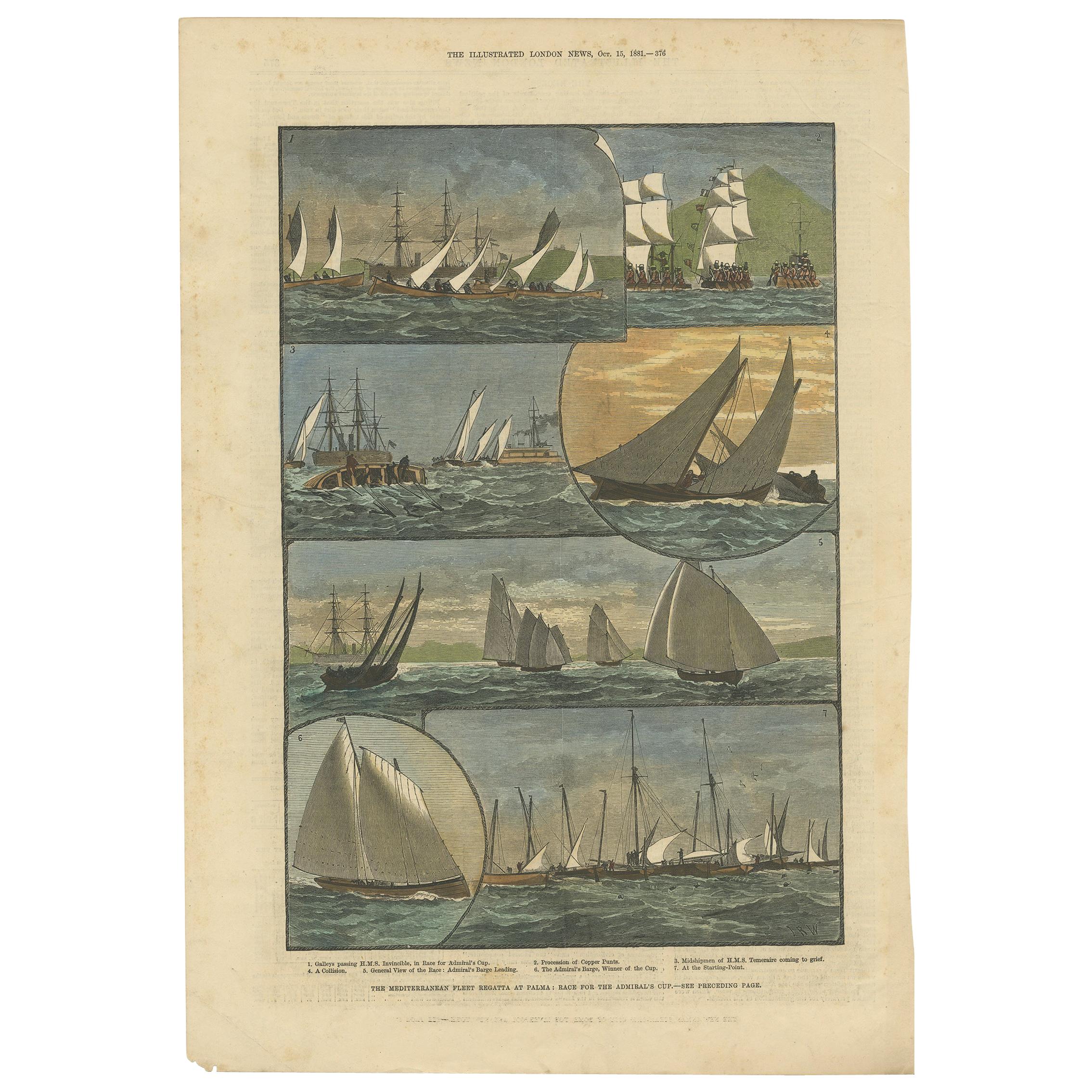 Antiker antiker Druck der Seeregatta der Mittelmeerflotte auf Palma, 1881, farbig