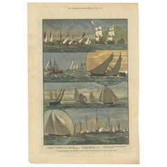 Antiker antiker Druck der Seeregatta der Mittelmeerflotte auf Palma, 1881, farbig