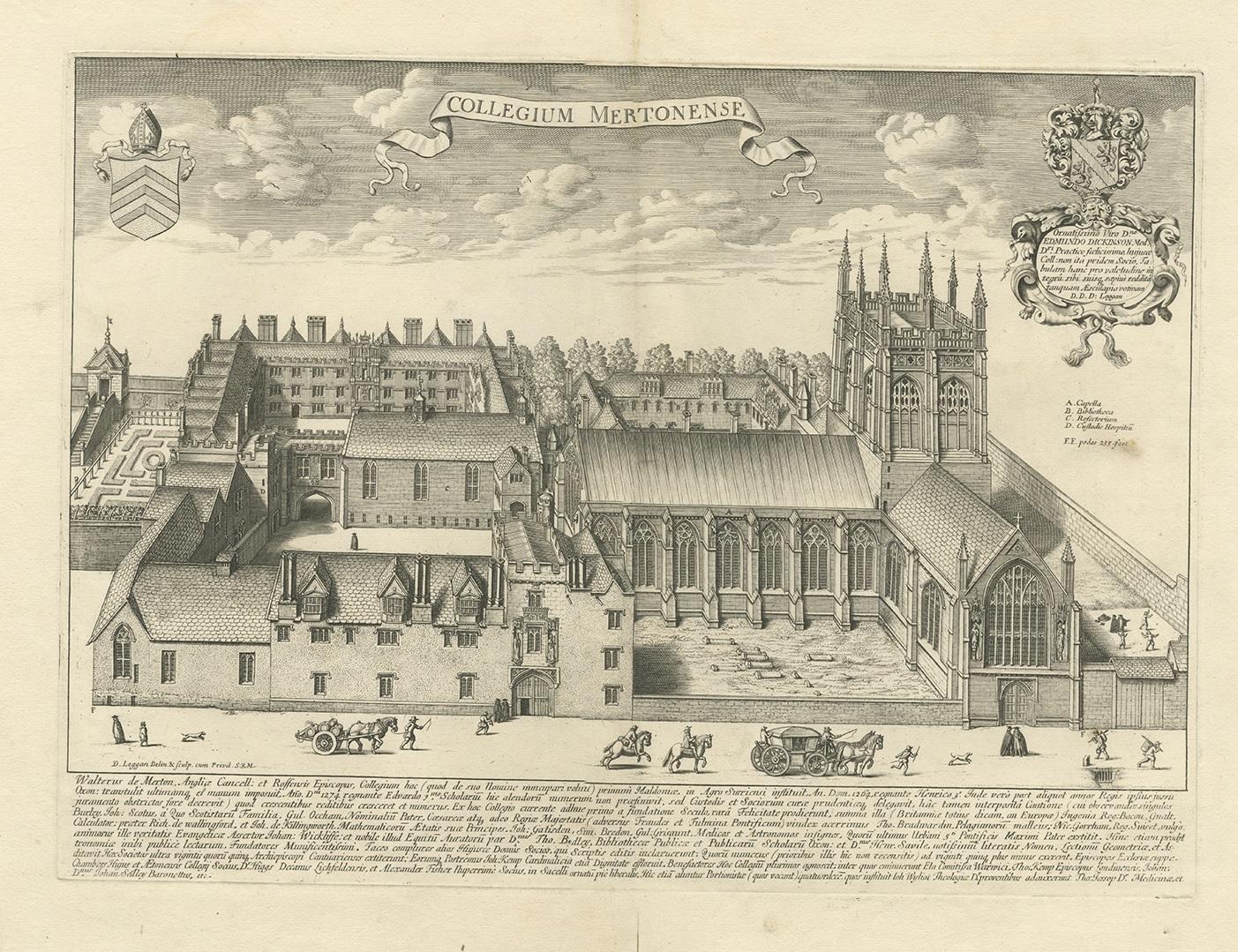 Antique print titled 'Collegium Mertonense'. View of Merton College, Oxford, England. This print originates from 'Oxonia Illustrata' by David Loggan, published 1675.