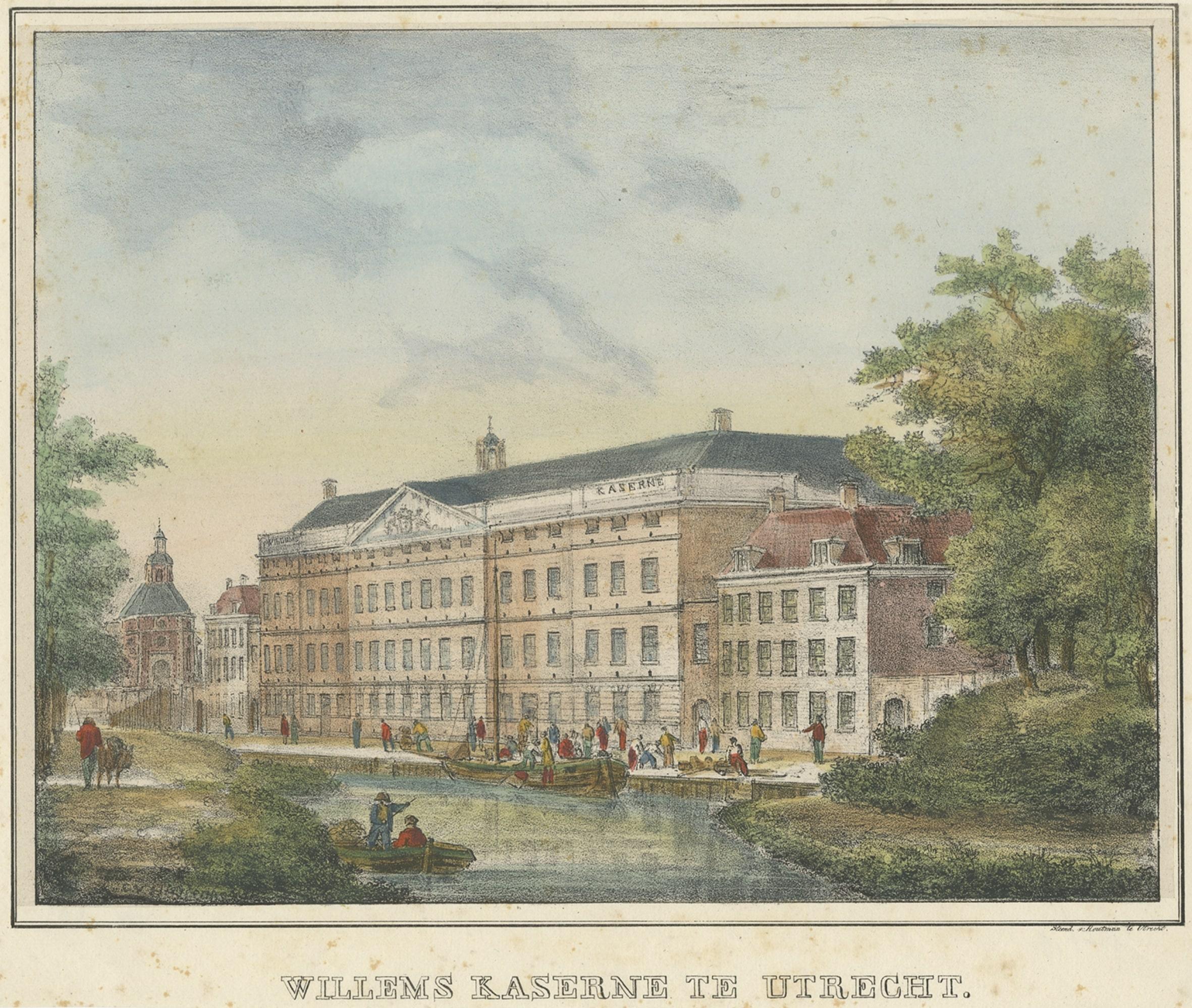 Paper Antique Print of the Militairy Kazerne in Utrecht, The Netherlands, c.1830 For Sale