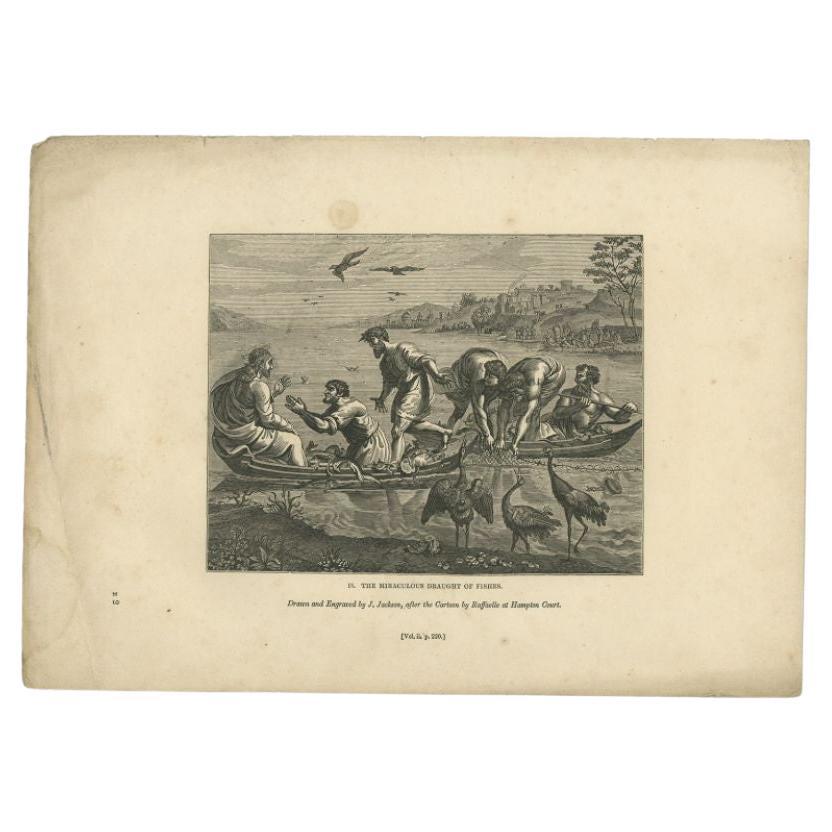 Antique Print of The Miraculous Draught of Fishes by Knight, 1835 For Sale