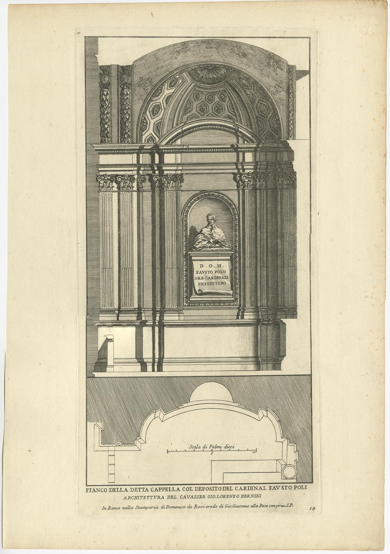 Paper Antique Print of the Monument to Fauso Poli, San Crisogono, Rome, Italy, c.1710