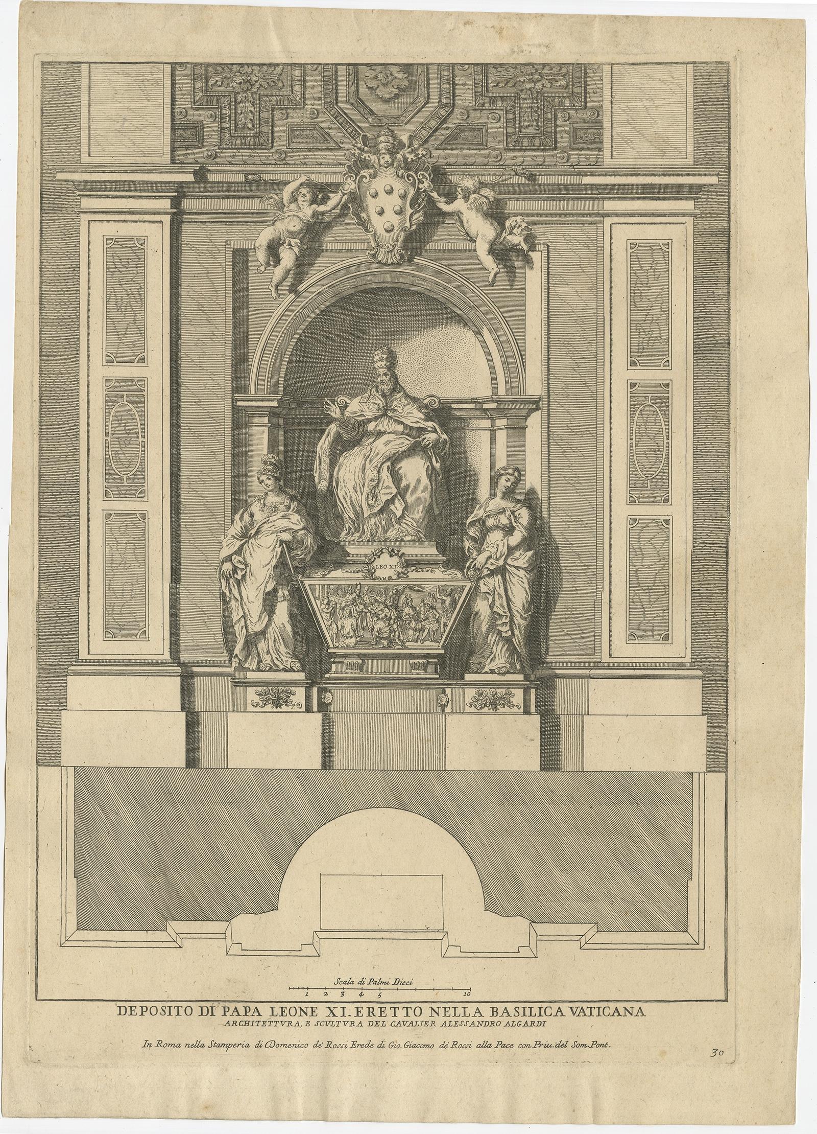 Paper Antique Print of the Monument to Pope Leo XI, Located in the Vatican, c.1710 For Sale