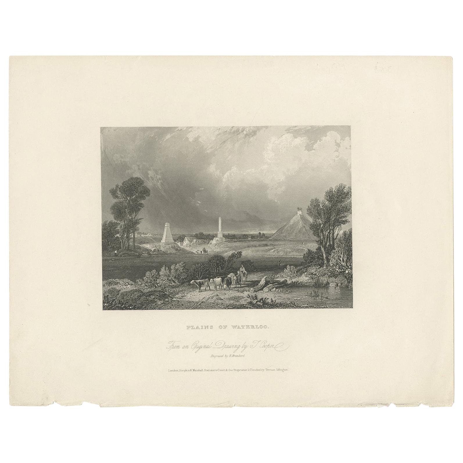 Antique Print of the Monuments on the Site of the Battle of Waterloo 'c.1840'