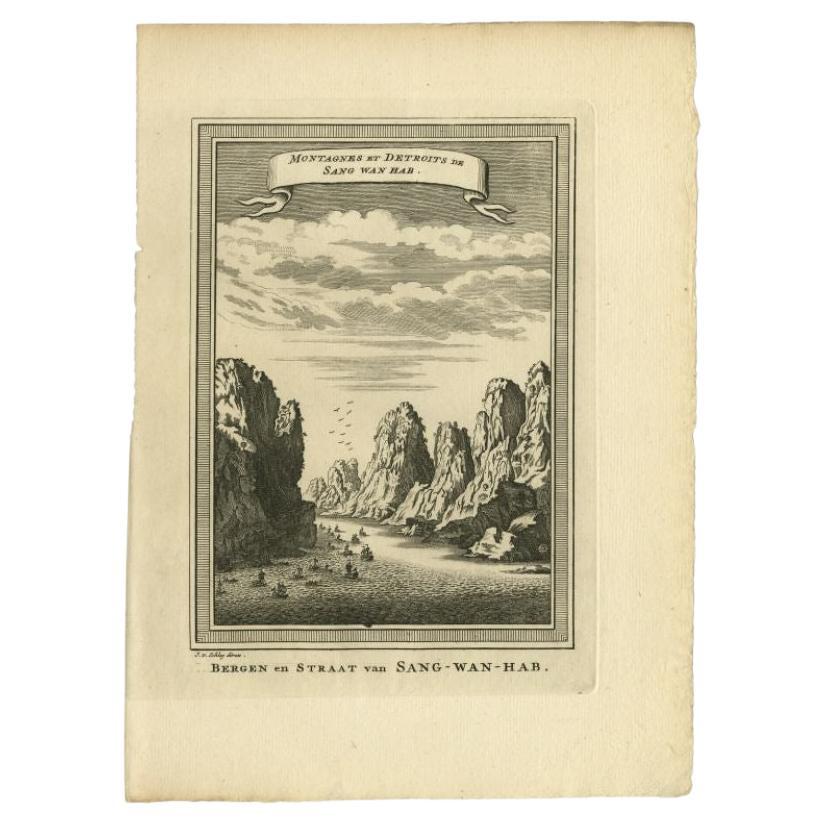Antique Print of the Mountains and Strait of Sang Wan Hab by Van Schley, 1749 For Sale